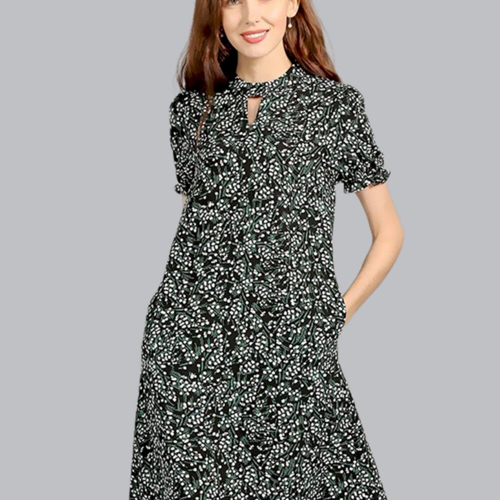 Pocket short sleeve straight over the knee A-line floral dress is slimming - Picture 2 of 5
